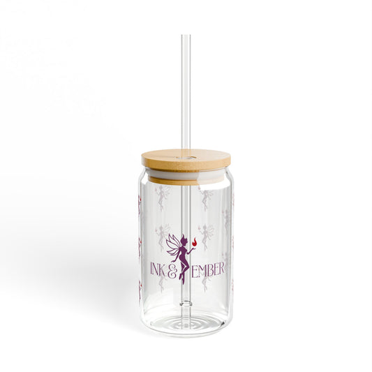 Ink & Ember Sipper Glass – 16oz (With Bamboo Lid + Straw)